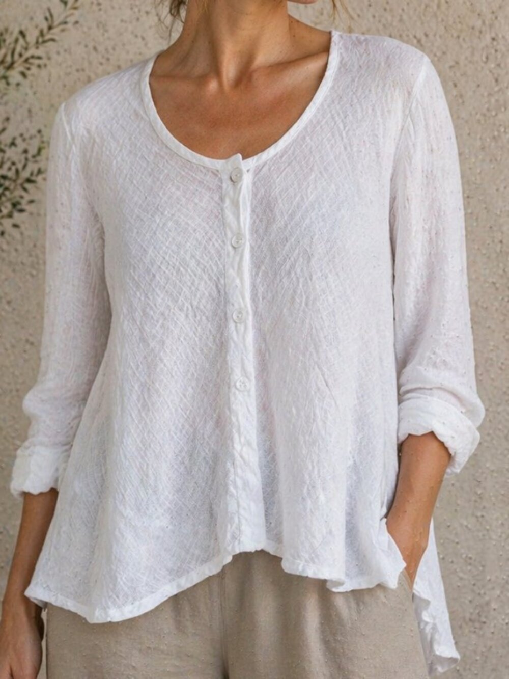 FLAX Linen Beneficial Blouse White Button Front Cardigan Top Small